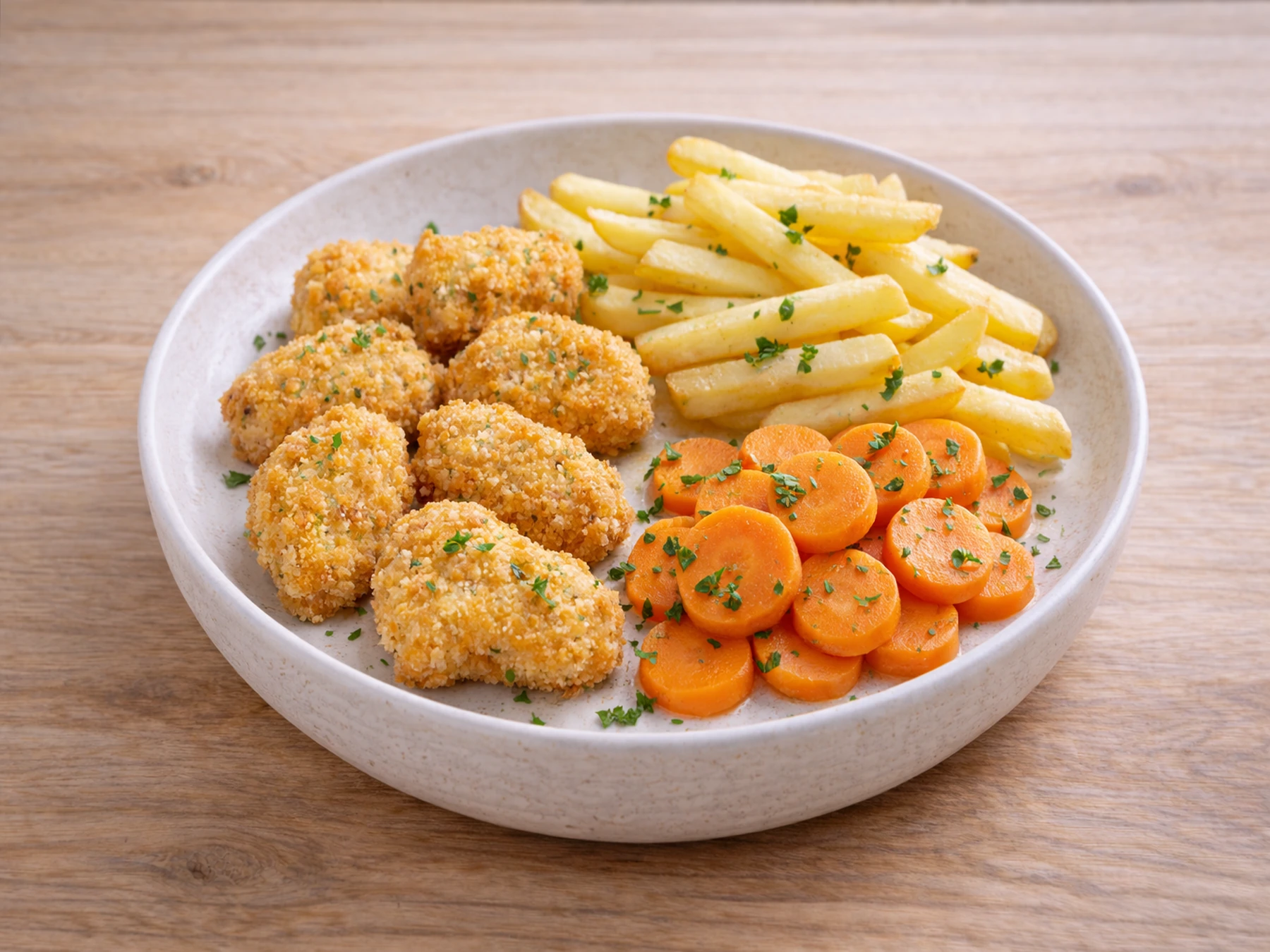 Nuggetsy z kurczaka z frytkami i gotowaną marchewką na białym talerzu