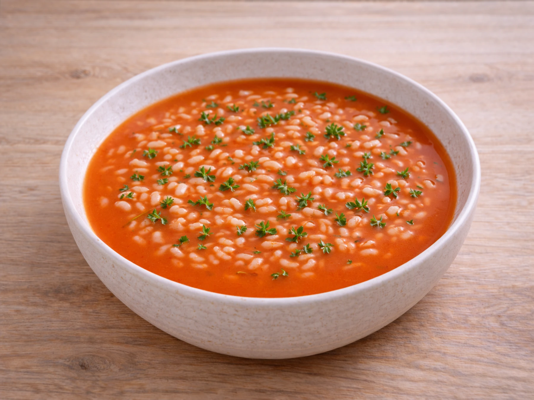 Zupka pomidorowa z ryżem w białej miseczce