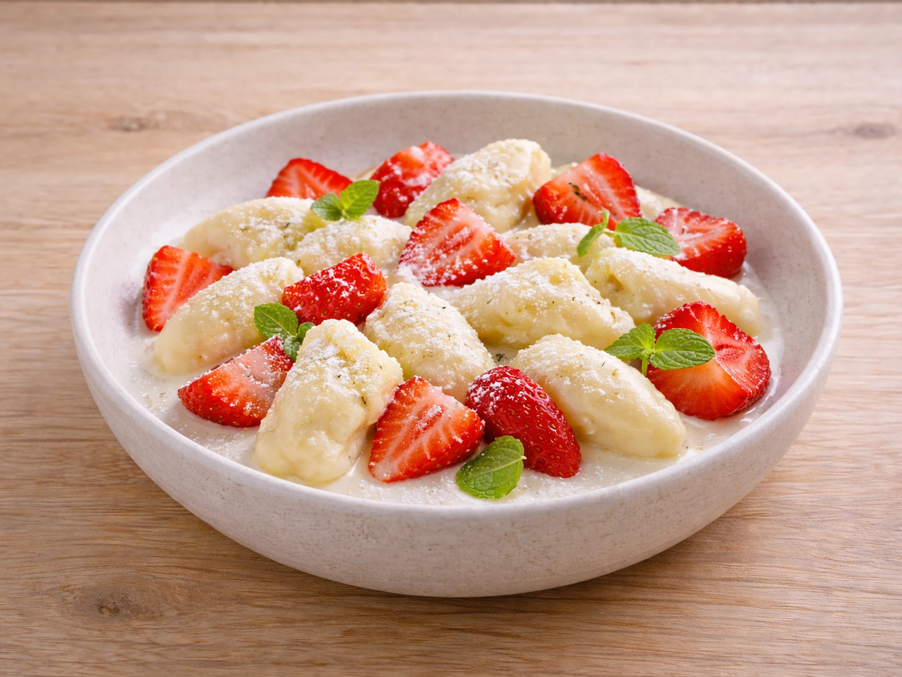 Kluski leniwe z truskawkami i śmietanką na białym talerzu